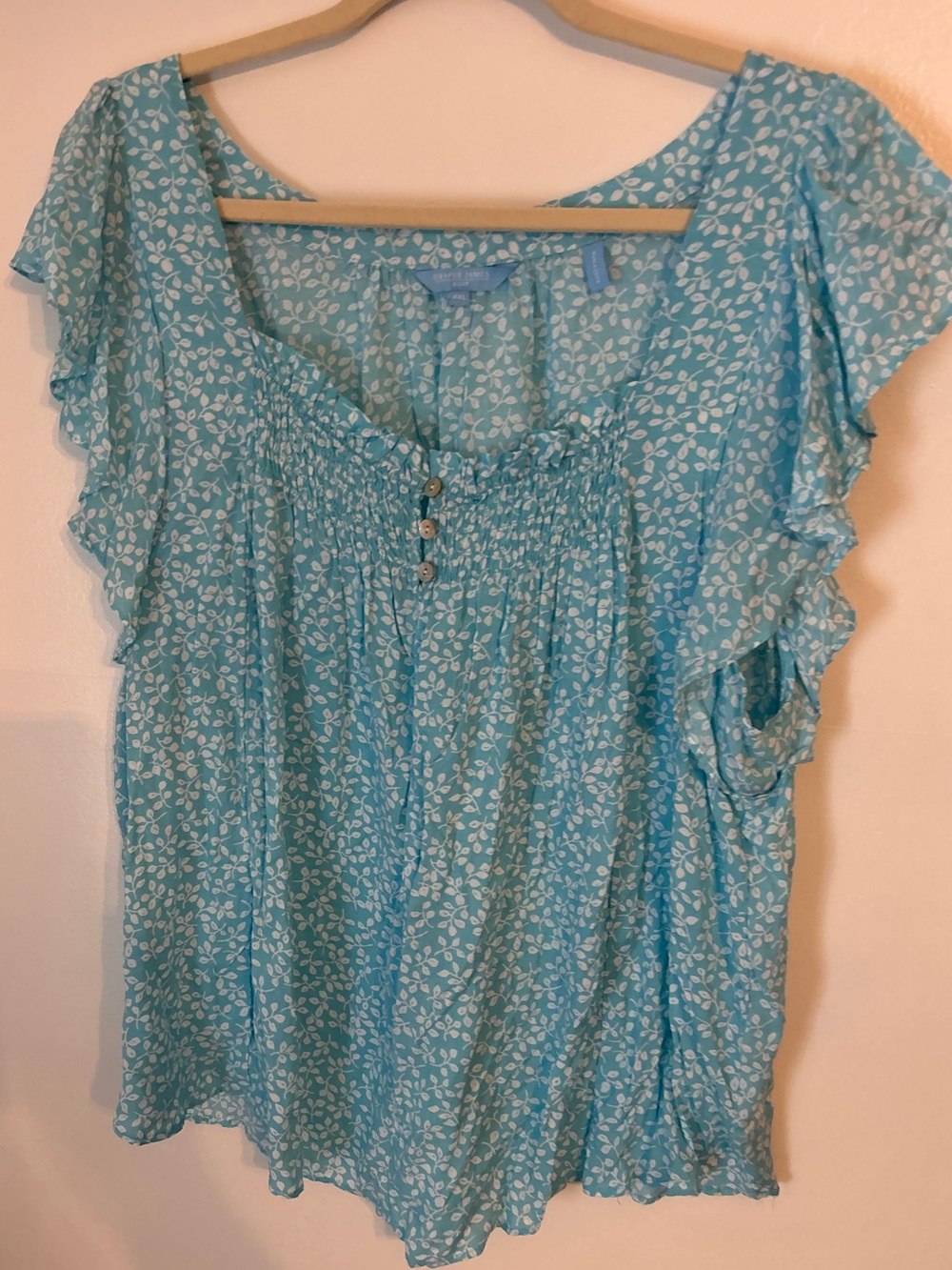Draper James Aqua & White Floral Ruffle Sleeve Blouse